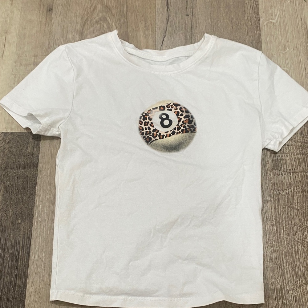 White Kids T-Shirt with Leopard Print 8 Ball Design